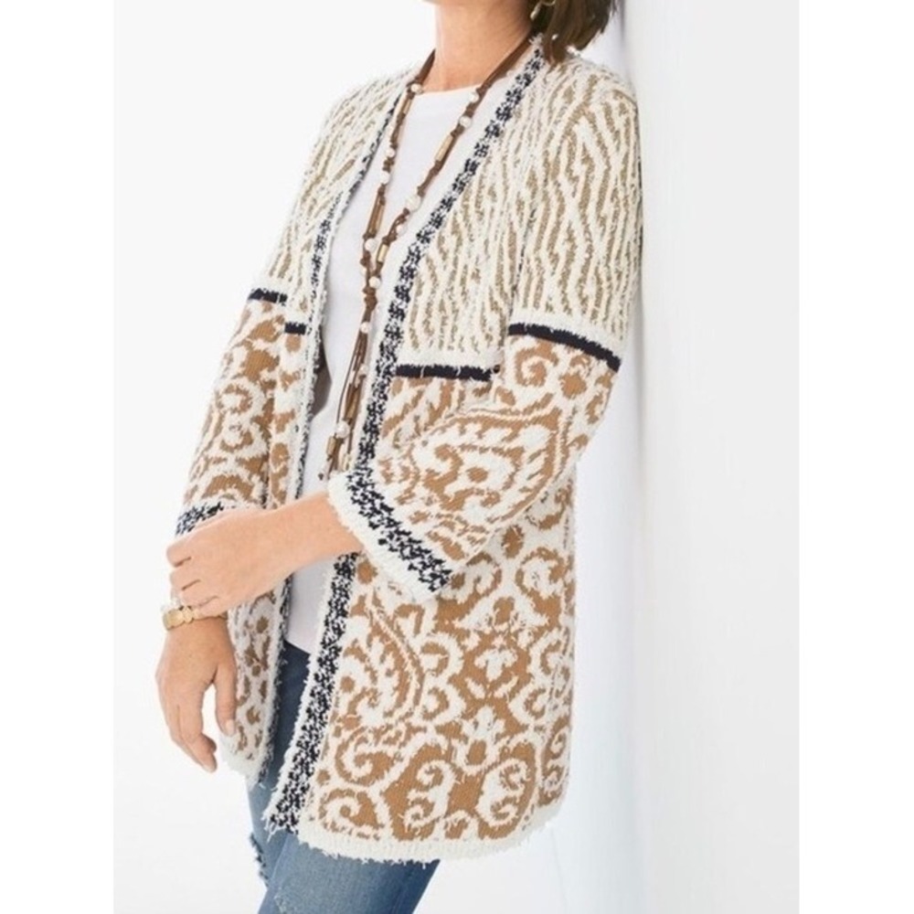 Chico's Cardigan Women 2 Brown White Gold Damask Zebra Open Front Metallic Knit